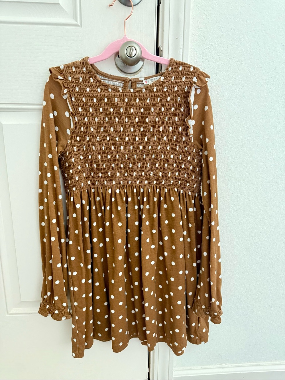 JCrew Crewcuts Girls' Brown Polka Dot Smocked Long-Sleeve Dress